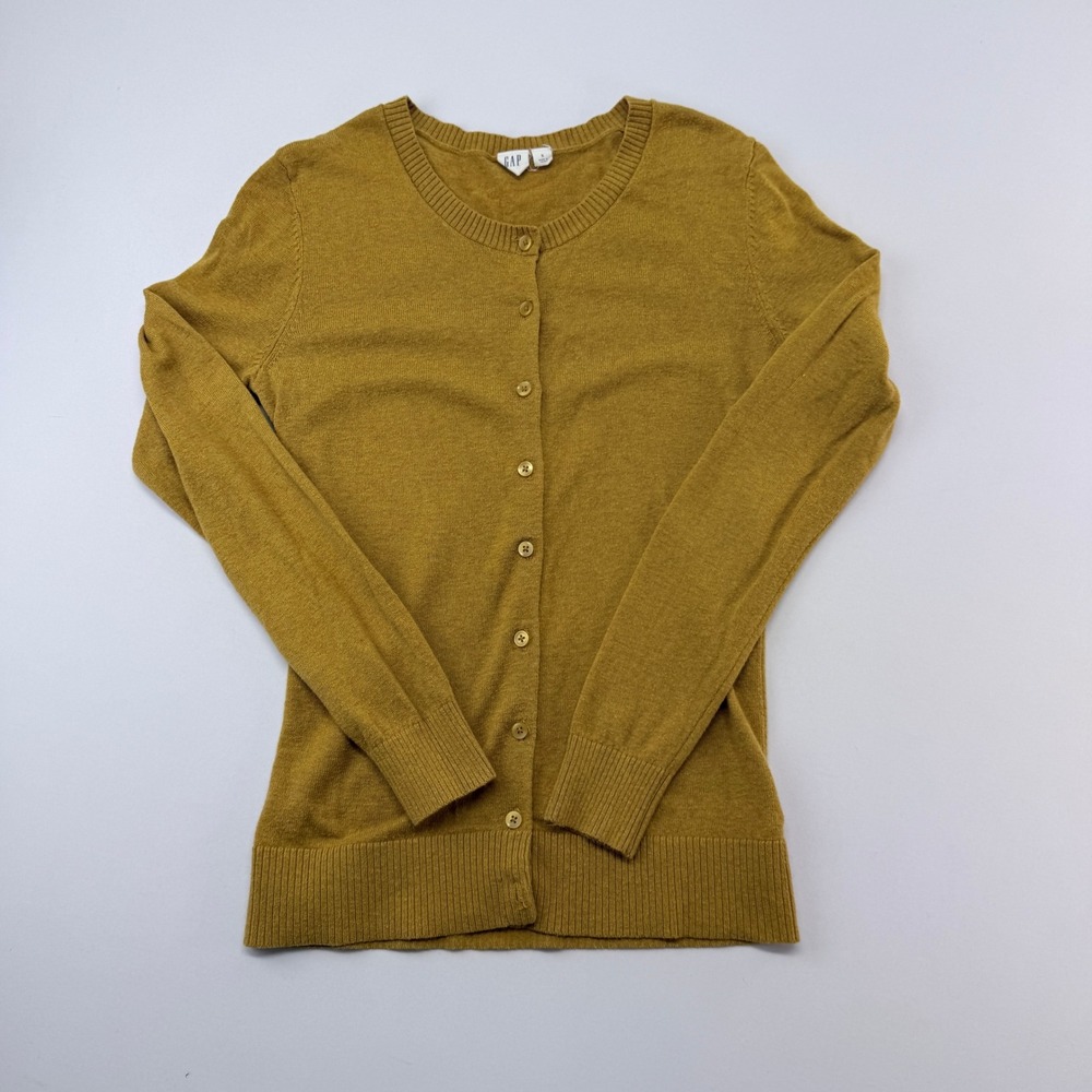 Gap Womens Mustard Yellow Cotton Blend Button Front Crew Neck Cardigan Small